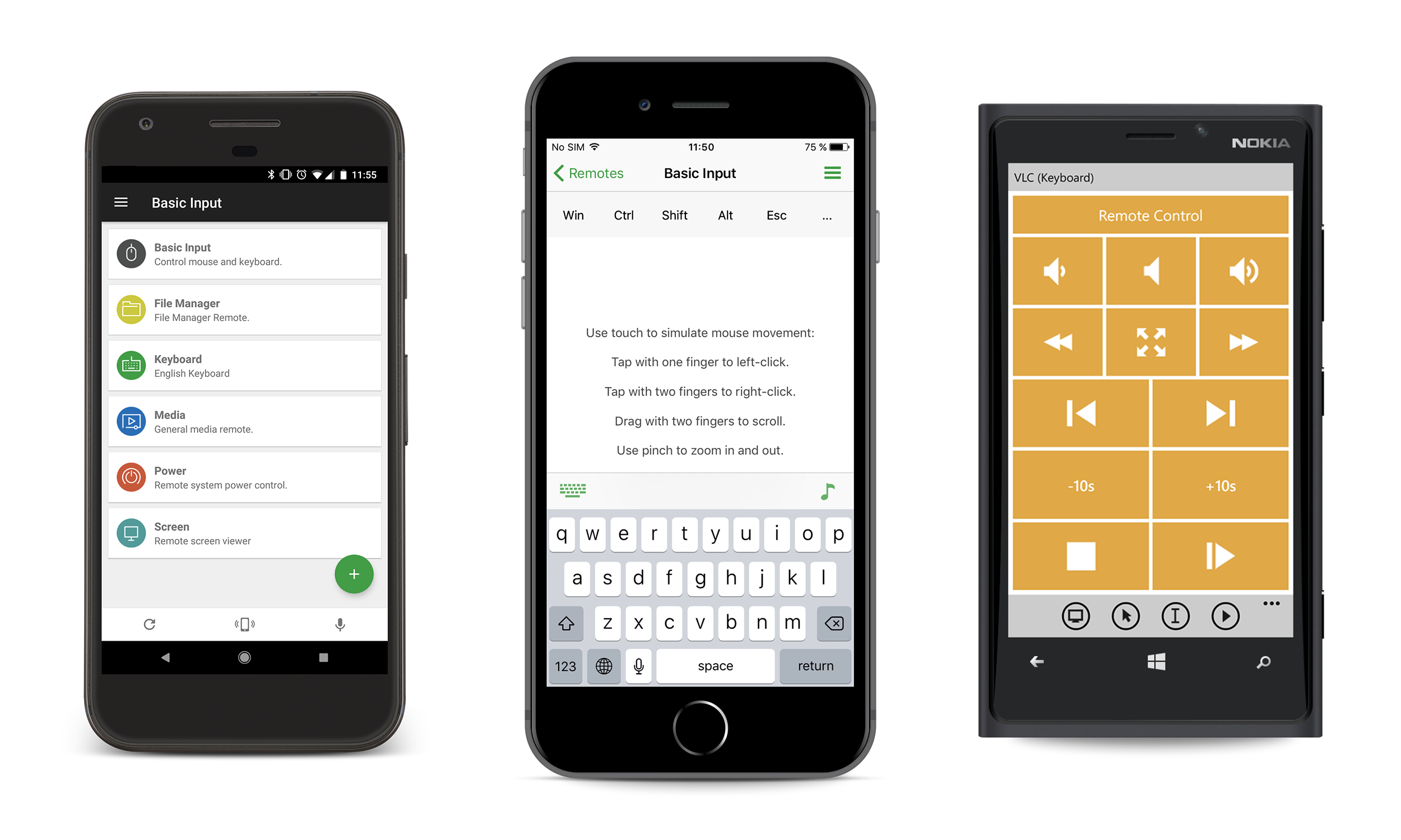 Screenshots of Android app showing Spotify Advanced Remote, iPhone App showing Basic Input remote, and Windows Phone app showing VLC remote.